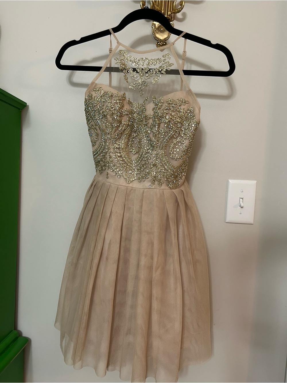B Darlin Champagne Beaded Tulle Party Dress